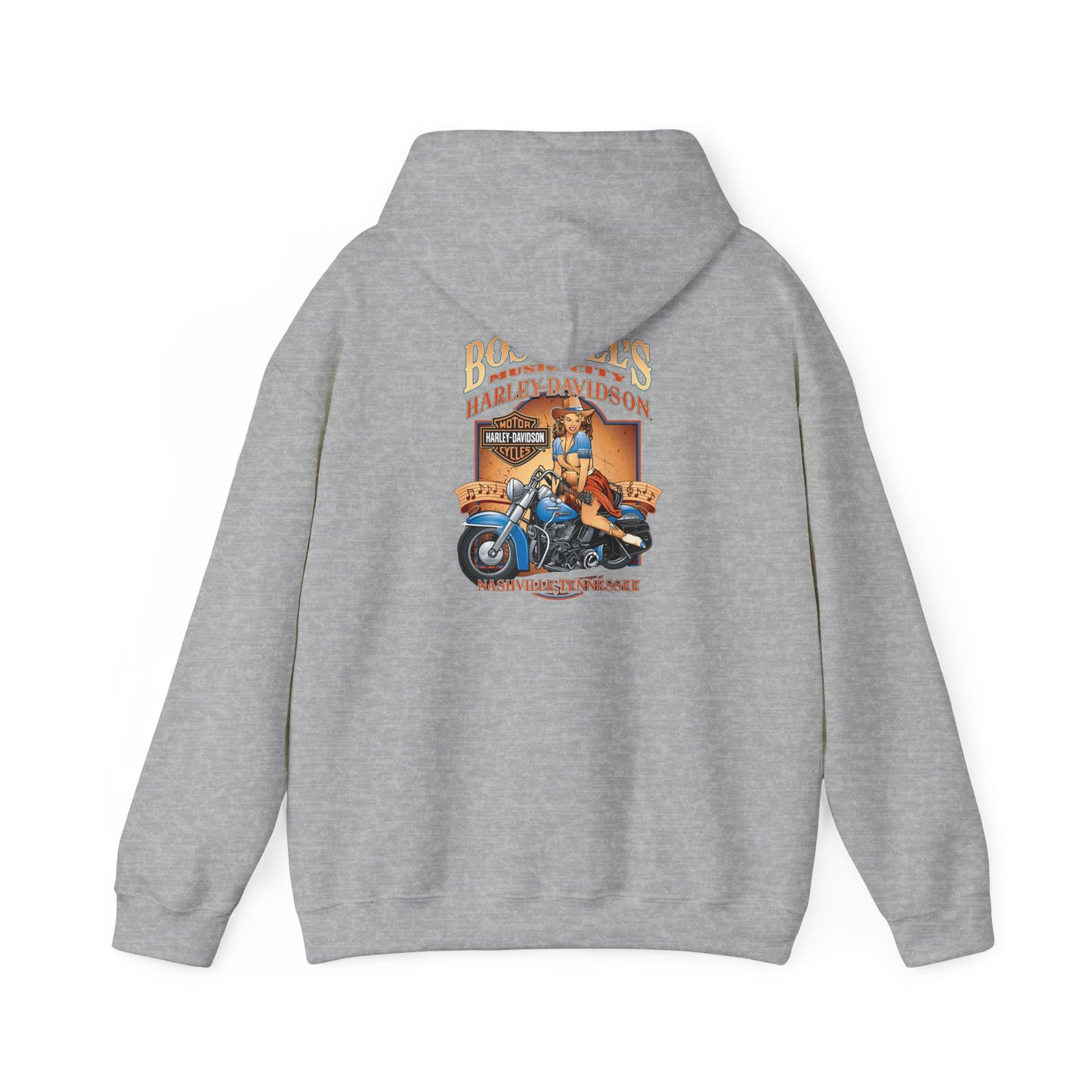 Elegant grey hoodie featuring a vintage Harley-Davidson back design, embodying retro music and motorcycle vibes.