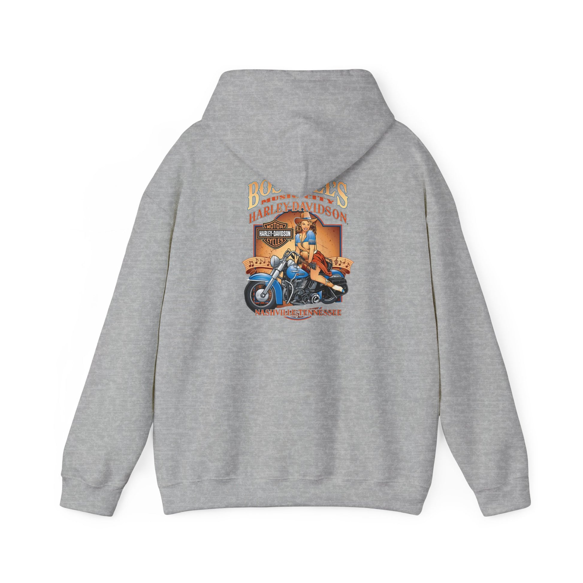 Elegant grey hoodie featuring a vintage Harley-Davidson back design, embodying retro music and motorcycle vibes.