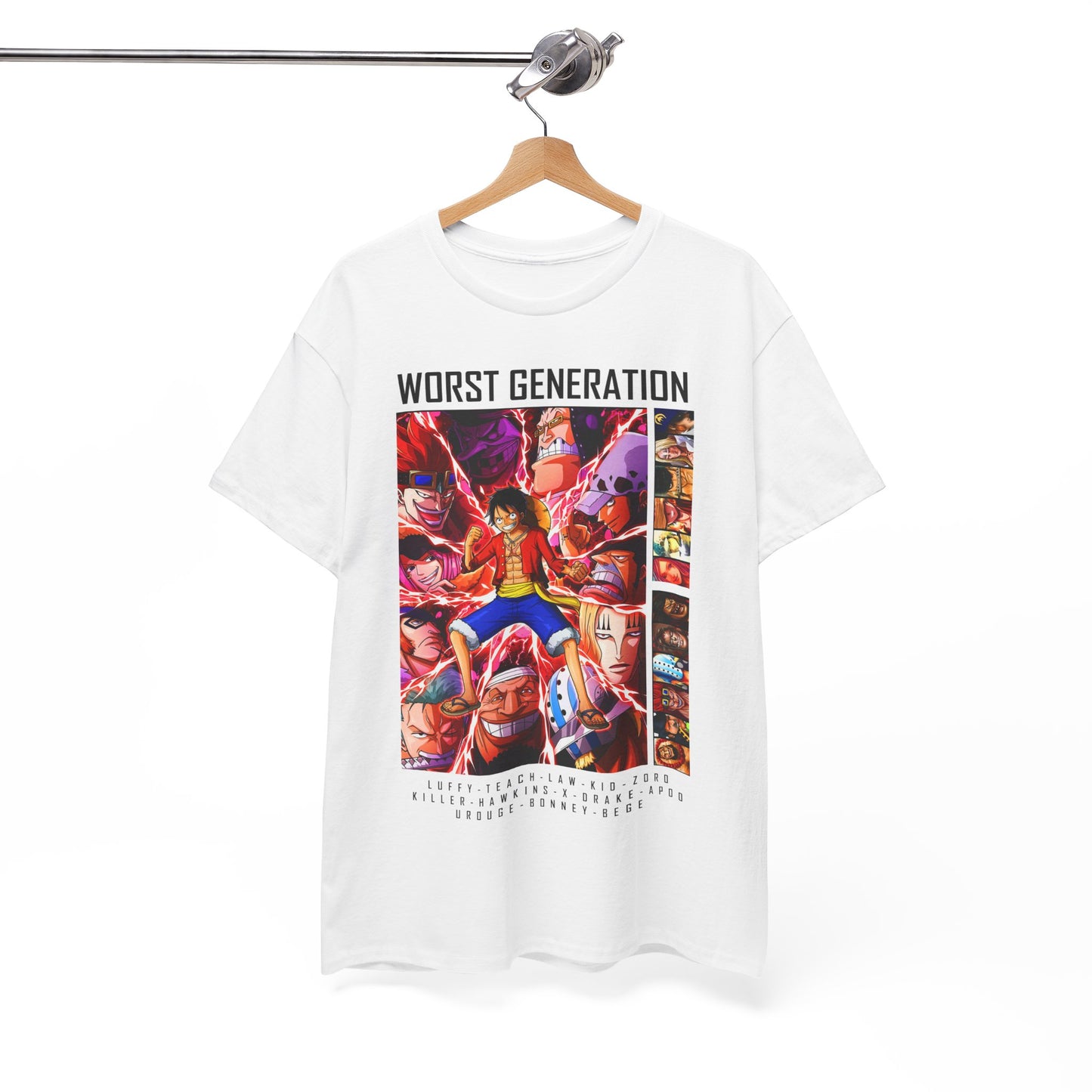 Worst Generation' T-shirt displayed on a hanger, featuring dynamic anime artwork. An exquisite addition to any fashion-savvy fan's wardrobe.