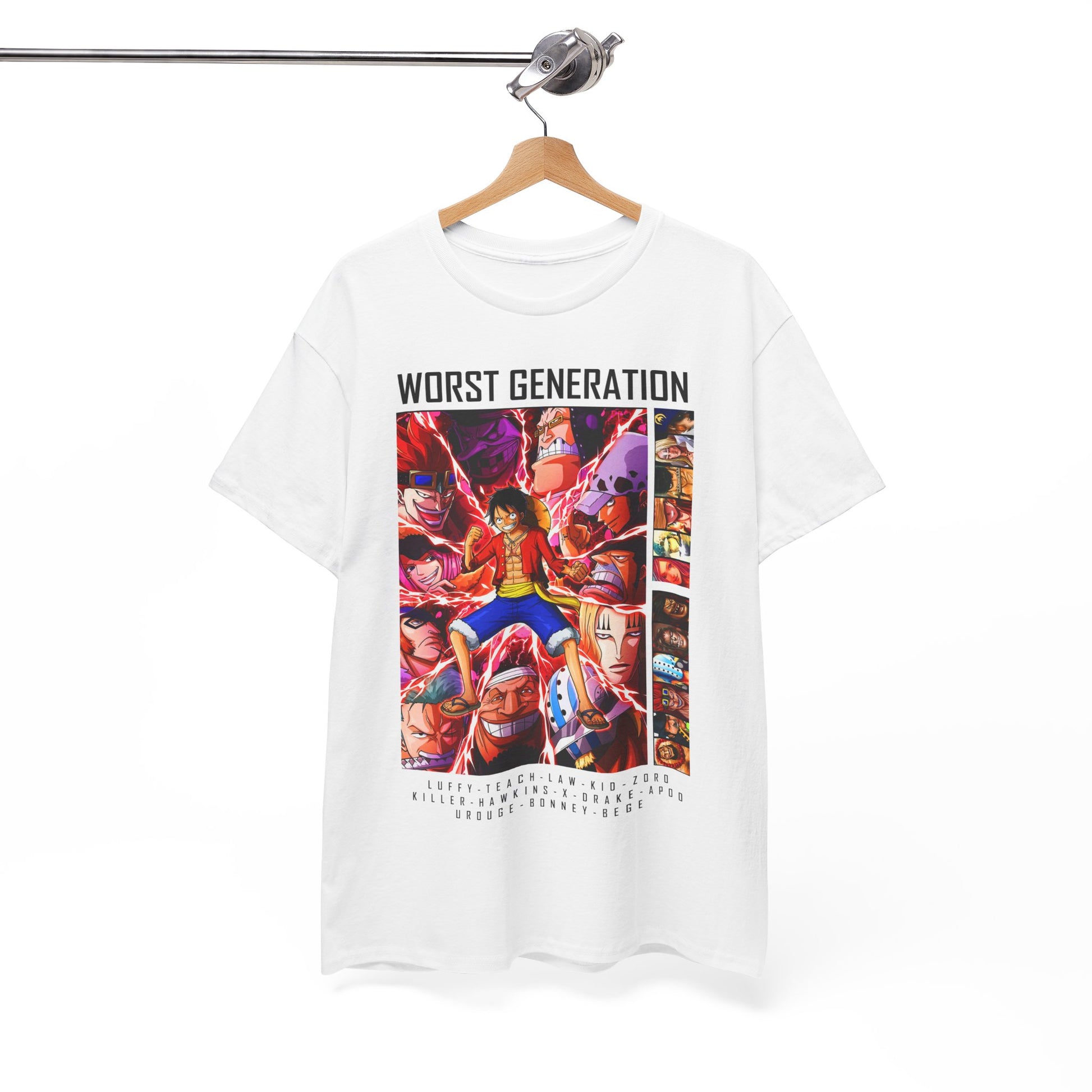 Worst Generation' T-shirt displayed on a hanger, featuring dynamic anime artwork. An exquisite addition to any fashion-savvy fan's wardrobe.