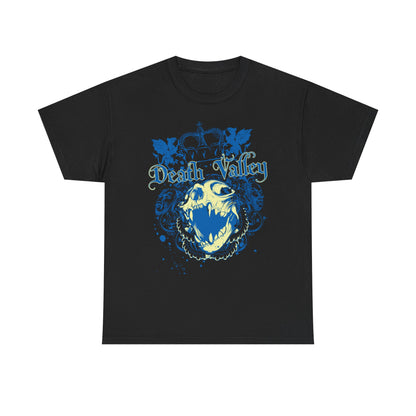 Stylish black t-shirt showcasing a striking 'Death Valley' skull graphic adorned with a crown and detailed blue motifs, ideal for a sophisticated dark aesthetic.