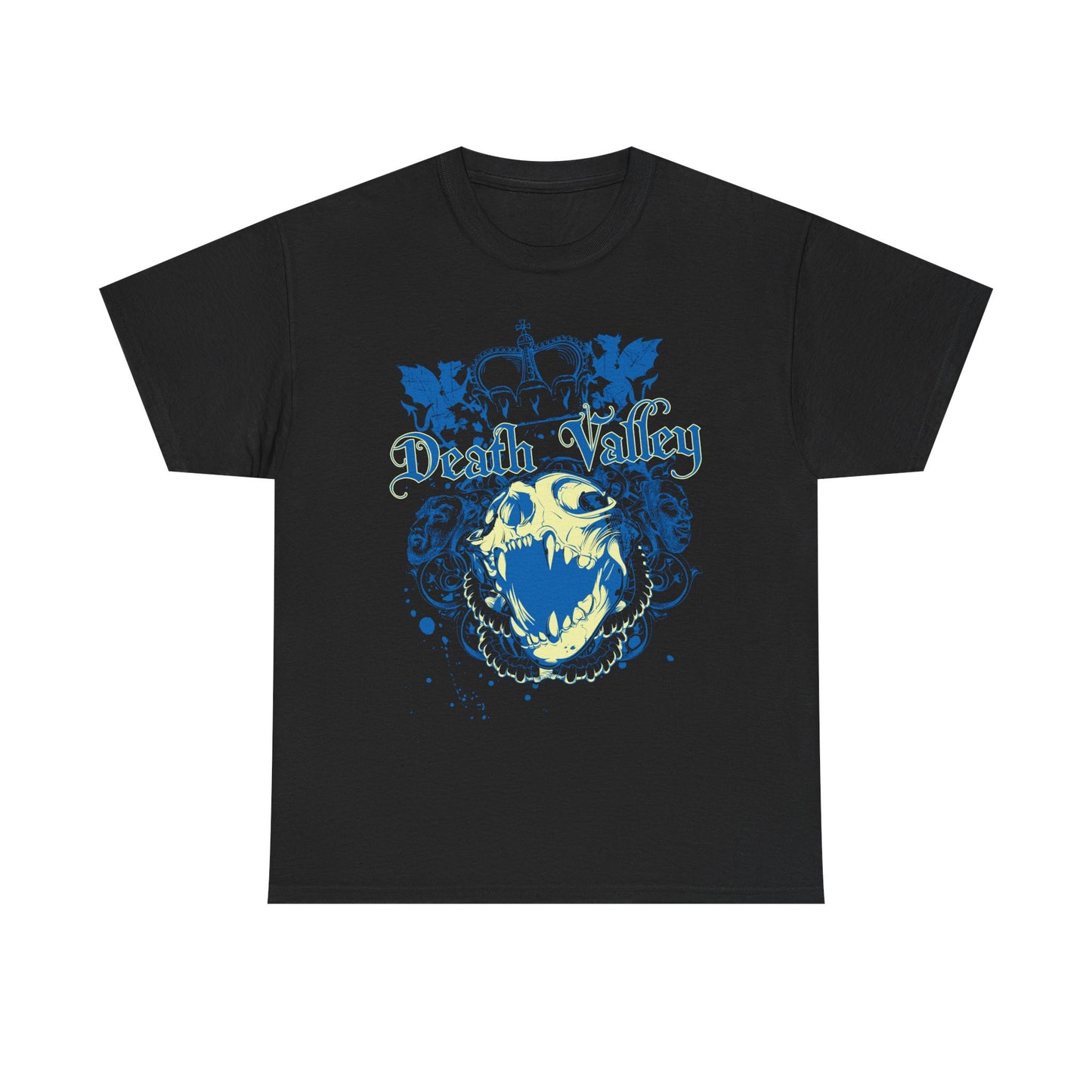 Elegant black t-shirt adorned with an elaborate Death Valley skull graphic, showcasing mystique with an opulent blue and yellow colour palette.