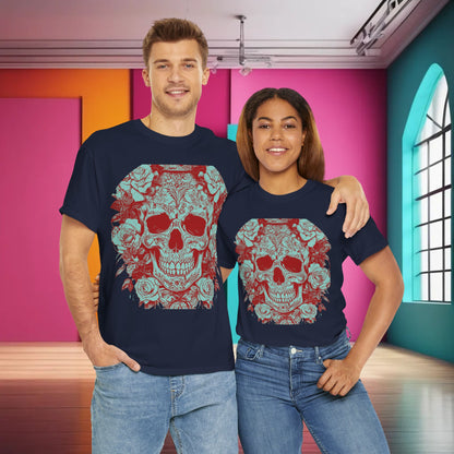 Elegant Skulls and Roses Cotton Tee styled for both men and women, showcasing a bold graphic design perfect for fashion-forward individuals.