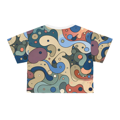 Vivienne Clairmont Stylish Crop Top by Dazzling Dreams Studio featuring a modern blob pattern in vibrant summer colours, showcasing luxurious silk-like feel Polyester fabric.