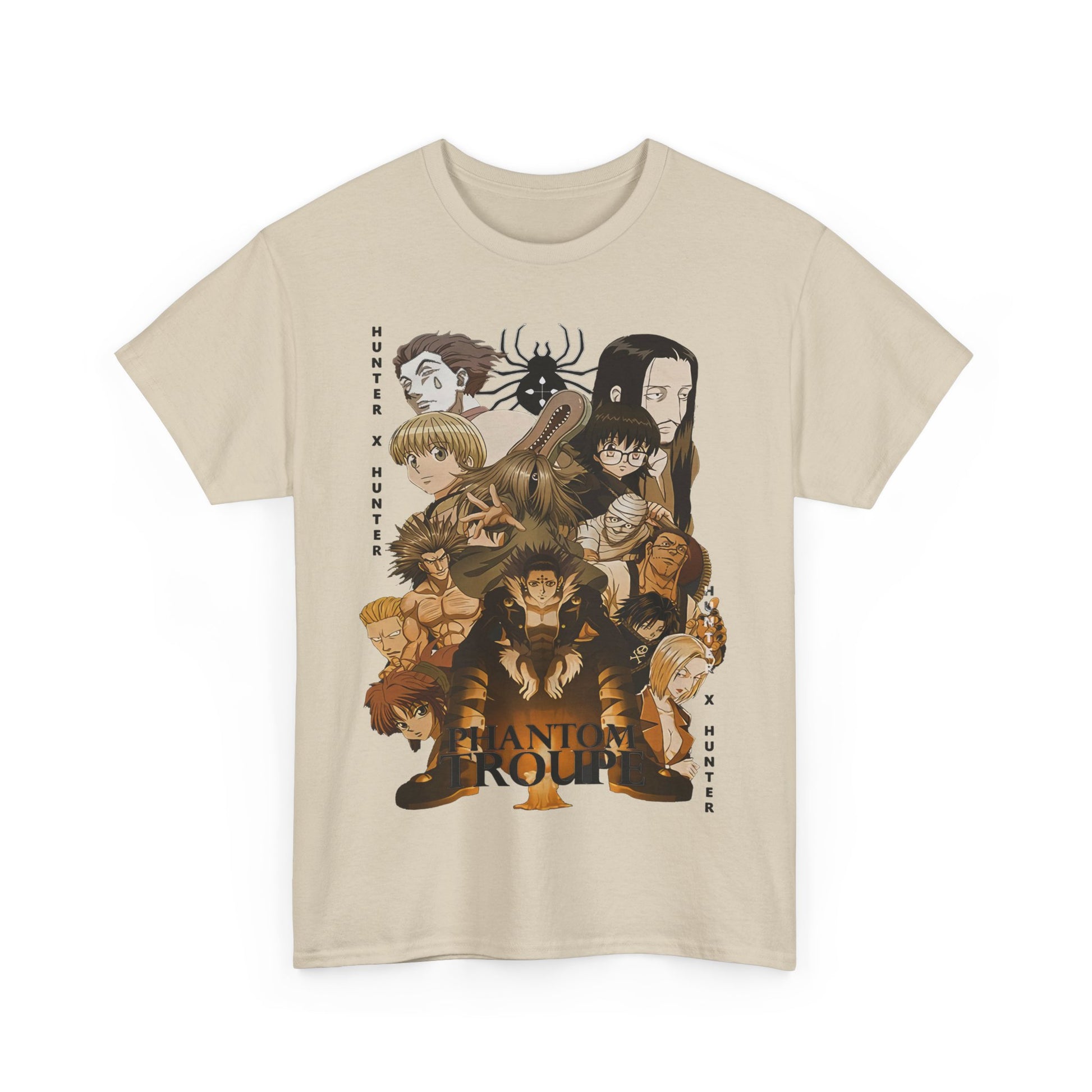 Premium beige Phantom Troupe graphic T-shirt displaying an intricately designed anime character collage, ideal for stylish fans of Hunter x Hunter.