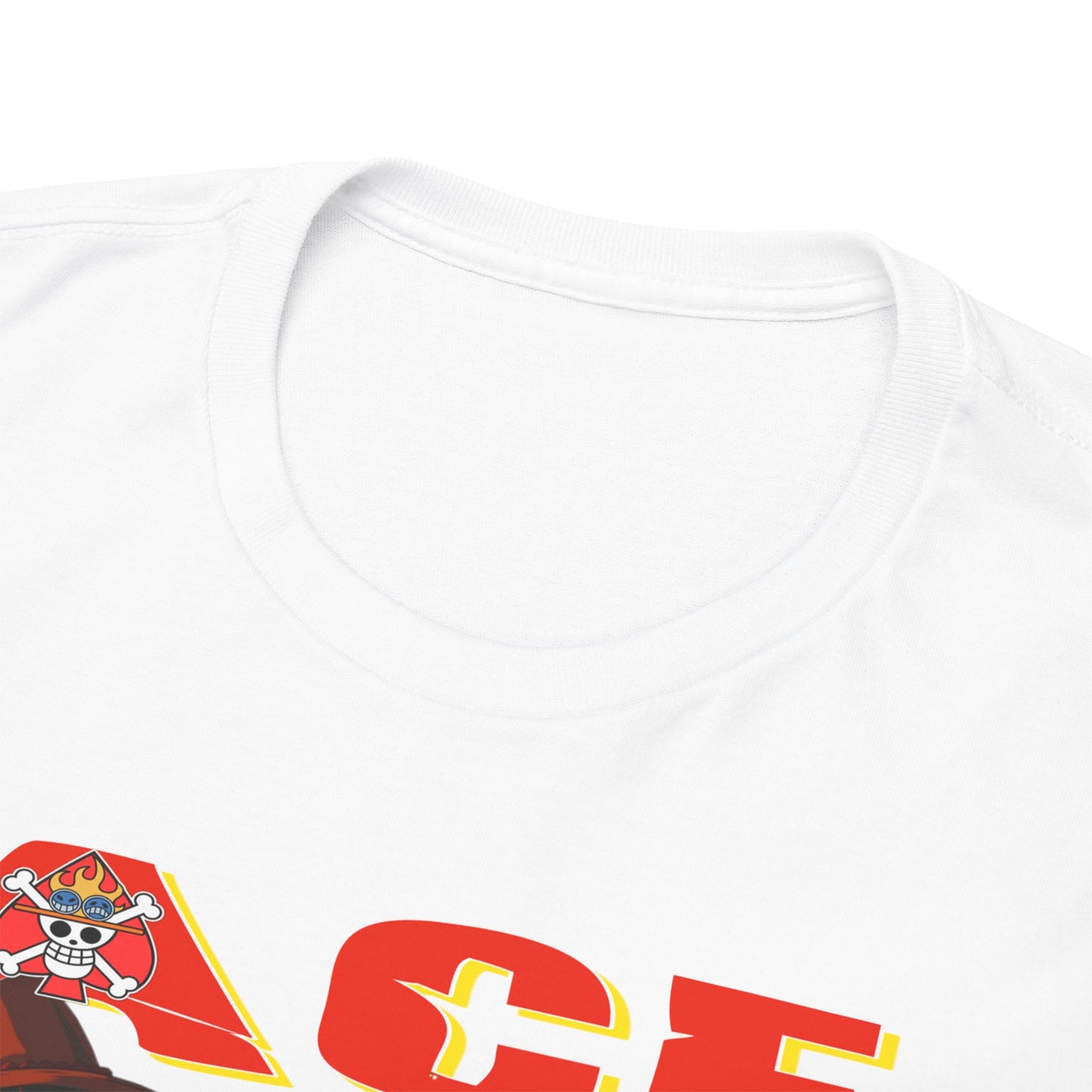 Close-up of the high-quality neckline of a luxury men's t-shirt, featuring bold Ace branding from One Piece, crafted for both comfort and style.
