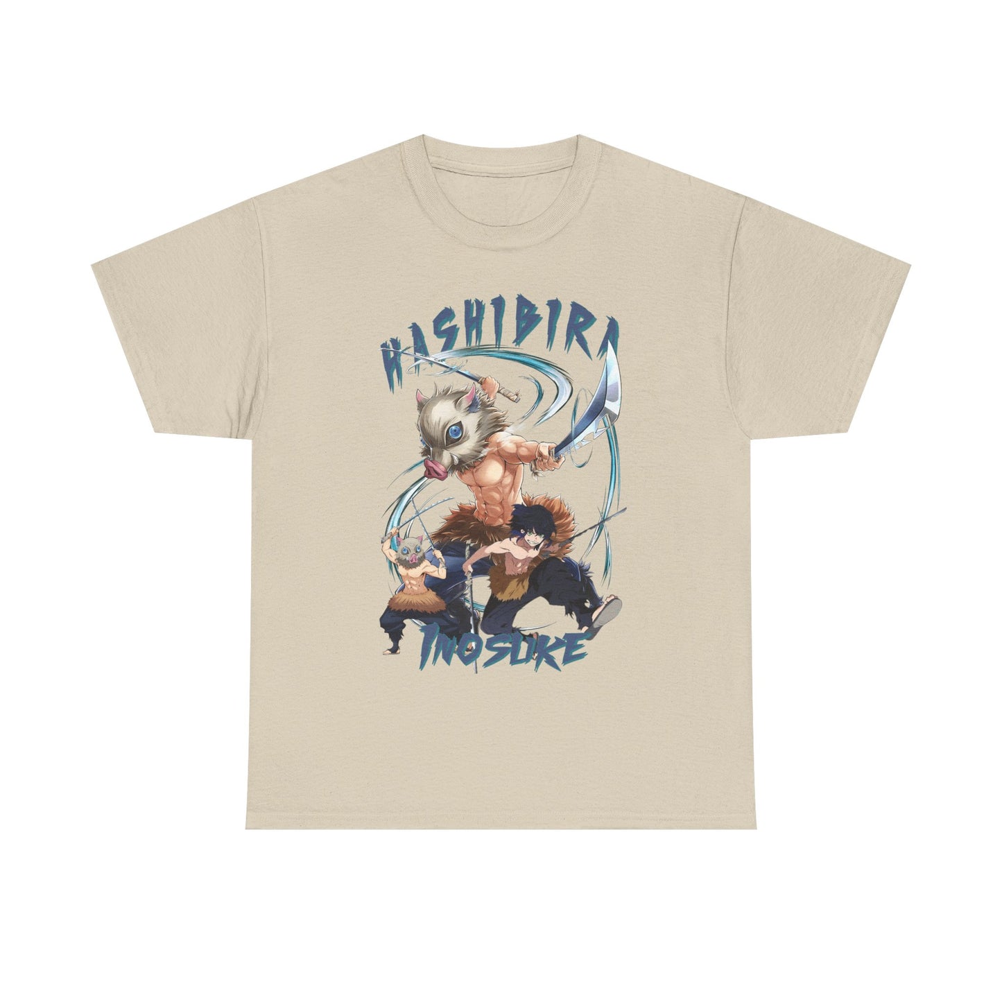 Elegant Hashibira Inosuke Anime T-Shirt in soft beige, showcasing a striking graphic design of dynamic characters, ideal for stylish anime aficionados.