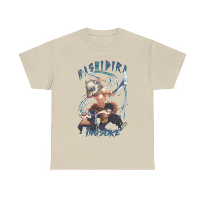 Elegant Hashibira Inosuke Anime T-Shirt in soft beige, showcasing a striking graphic design of dynamic characters, ideal for stylish anime aficionados.