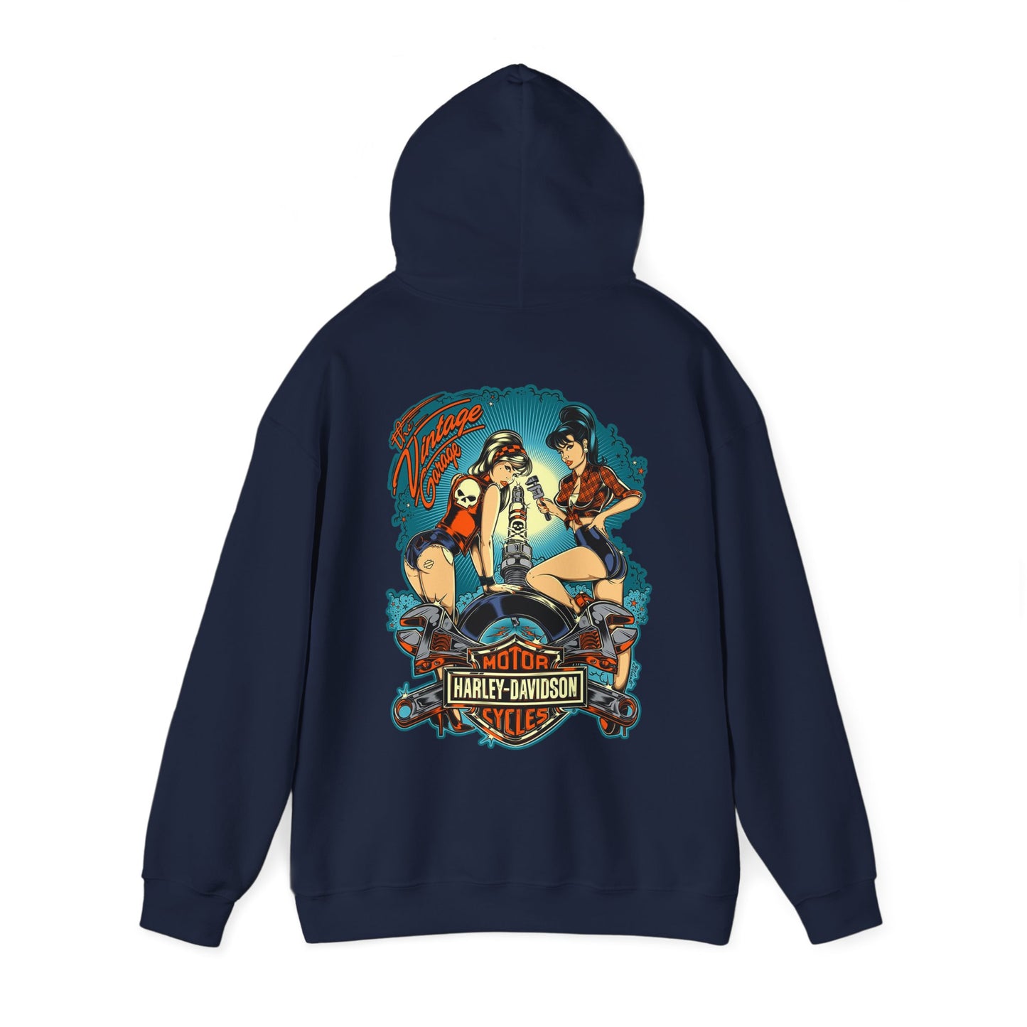 Exclusive navy hoodie featuring an eye-catching vintage pin-up artwork on the back, combining retro elements with a modern, luxurious feel.