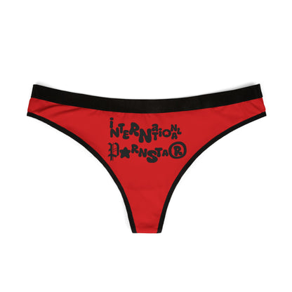 Stylish red women's thong with bold black prints, showcasing a modern typography design that celebrates individuality and glamour.