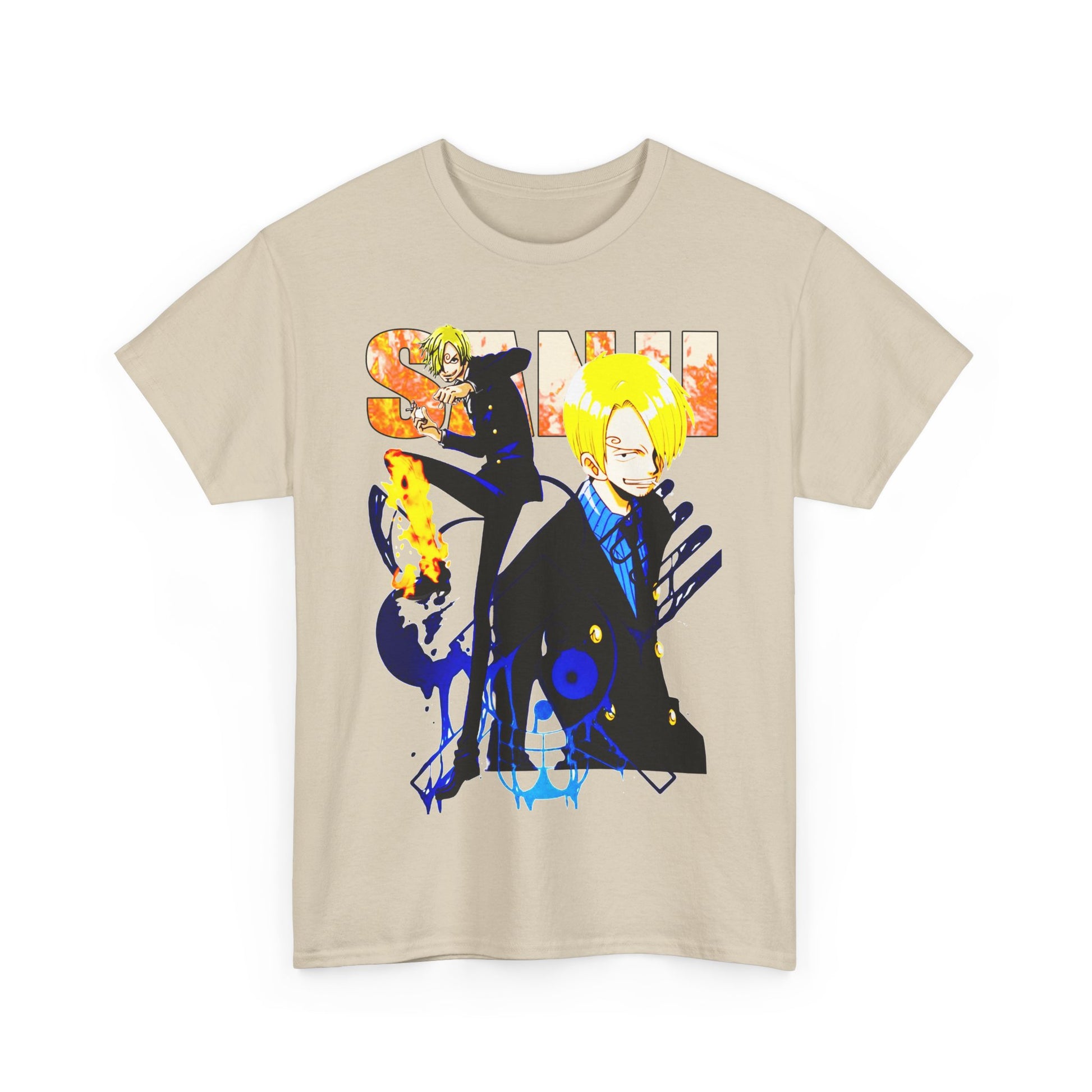 Sophisticated beige anime-themed t-shirt featuring striking illustrations, designed for stylish anime lovers seeking versatility.