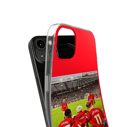 Refined Manchester United Mainoo Garnach Hojlund Soft Phone Case displaying a dynamic image of players, perfect for the discerning soccer fan.