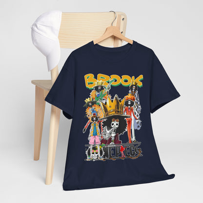 Stylish navy blue anime t-shirt displayed on a minimalist wooden chair, showcasing a colourful Brook character design, ideal for casual or themed events.