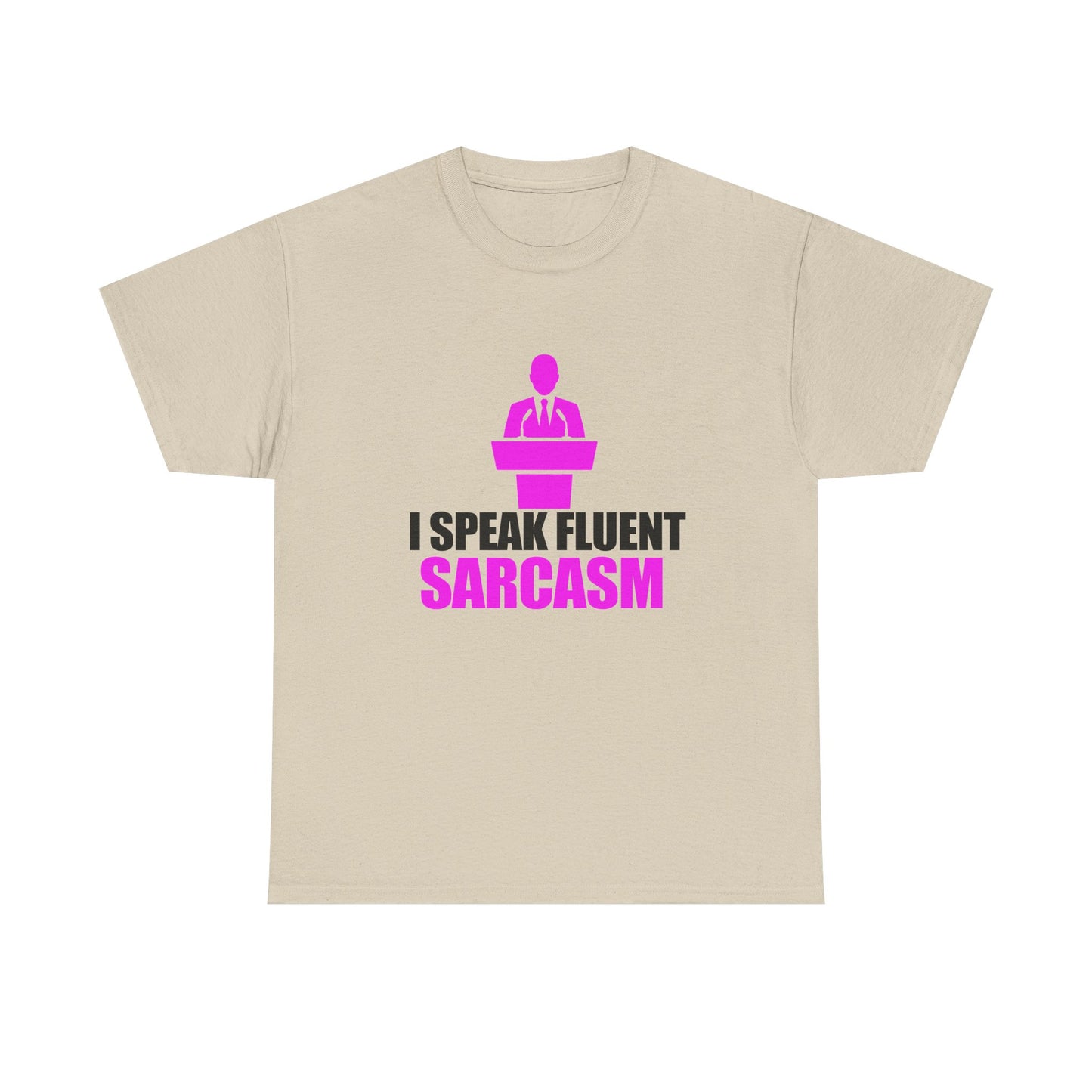 Elegant men's T-Shirt featuring a bold graphic design with the phrase 'I Speak Fluent Sarcasm', showcased in vibrant magenta and black, perfect for expressing wit and personality.