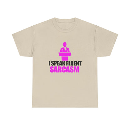 Elegant men's T-Shirt featuring a bold graphic design with the phrase 'I Speak Fluent Sarcasm', showcased in vibrant magenta and black, perfect for expressing wit and personality.