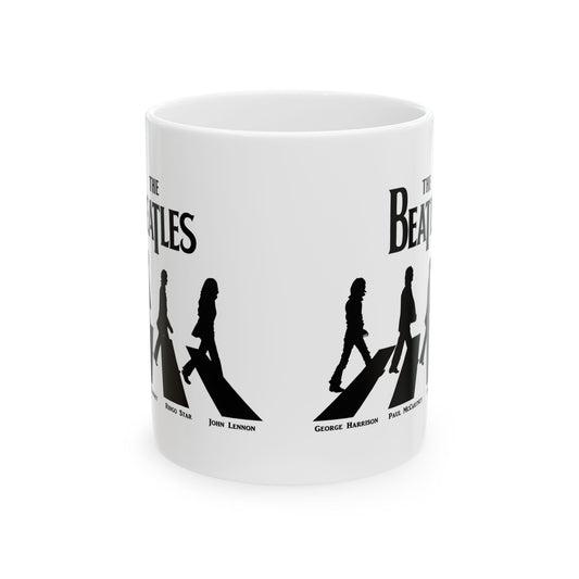 The Beatles Abbey Road Image Ceramic Mug showcasing iconic silhouettes of the Fab Four, perfect for coffee lovers and collectors.