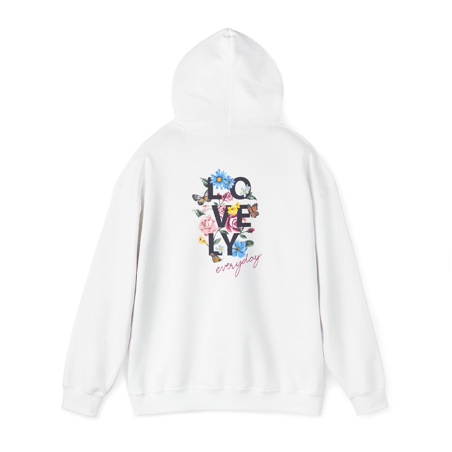 Stylish white hoodie featuring a vibrant floral graphic on the back with the text 'LOVELY everyday' in chic typography, ideal for fashion-forward individuals.