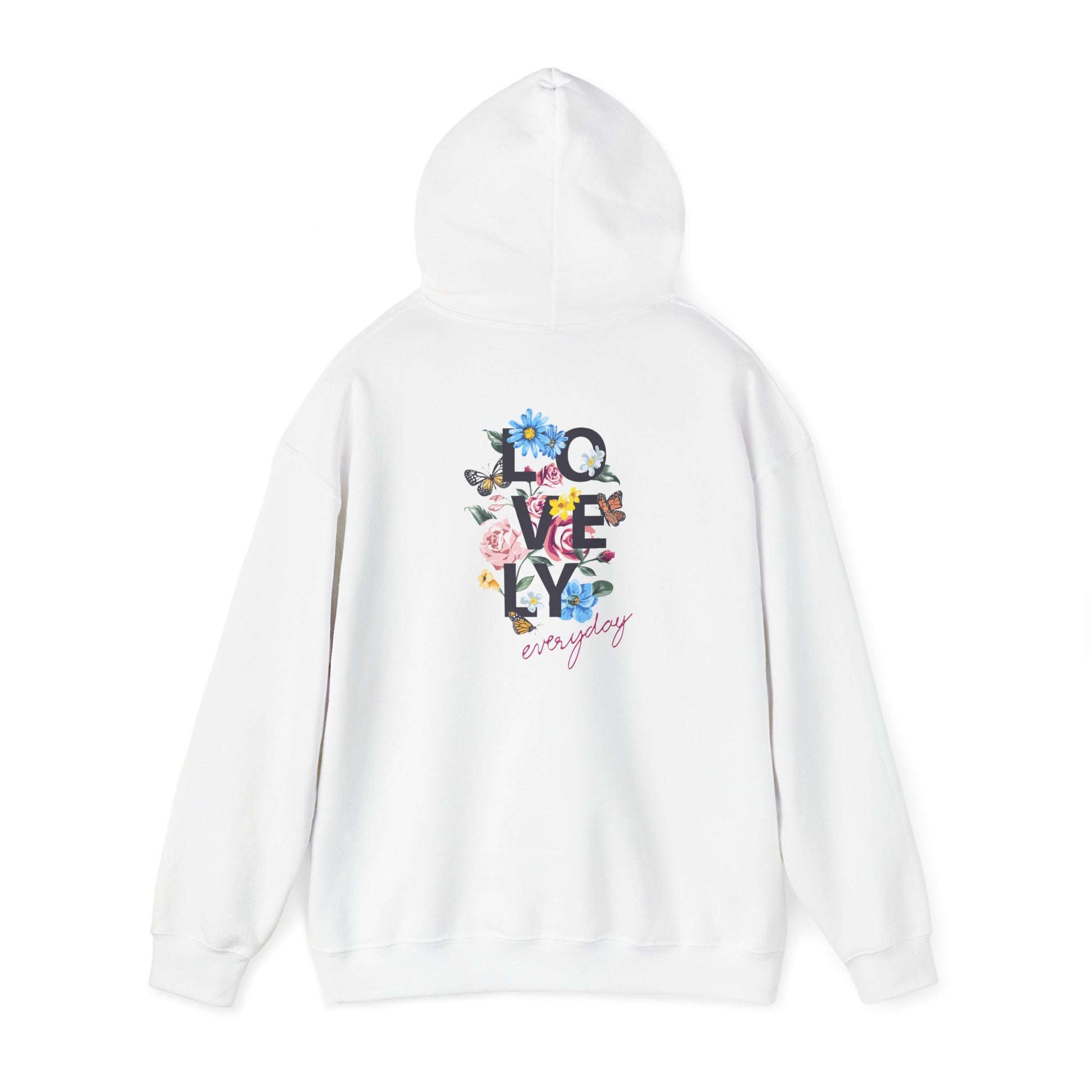 Stylish white hoodie featuring a vibrant floral graphic on the back with the text 'LOVELY everyday' in chic typography, ideal for fashion-forward individuals.