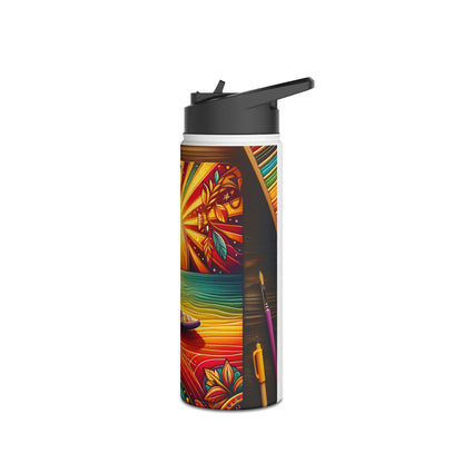 Artistic Fantasy Paddleboarding Stainless Steel Water Bottle displaying a serene paddleboarding scene amidst colourful floral designs, perfect for stylish hydration.
