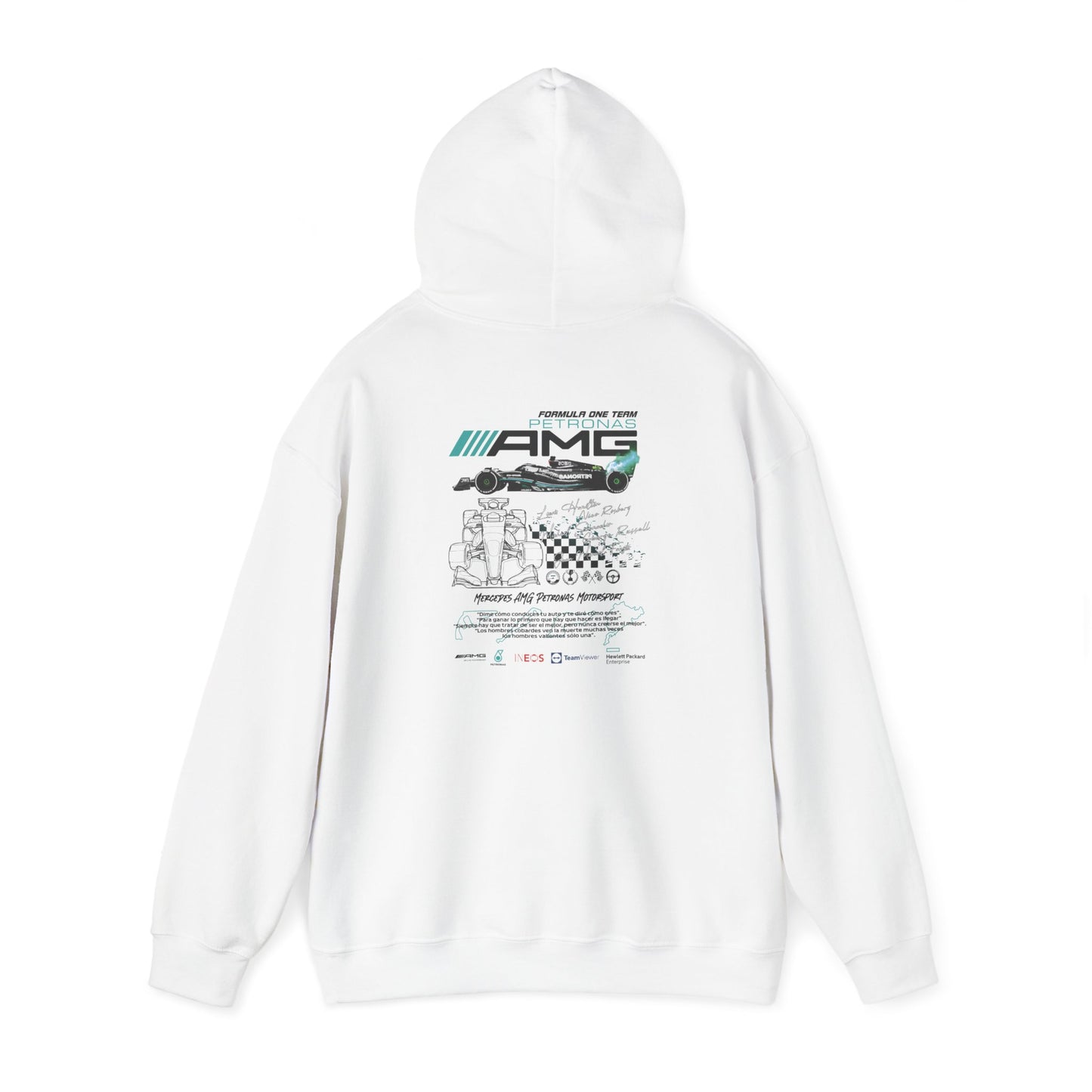 Stylish white hoodie showcasing the AMG Petronas F1 Racing Team graphic design on the back, perfect for motorsport enthusiasts.