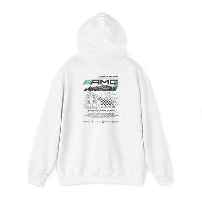 Stylish white hoodie showcasing the AMG Petronas F1 Racing Team graphic design on the back, perfect for motorsport enthusiasts.