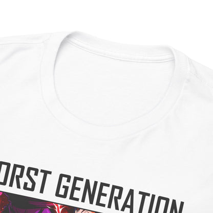 Close-up view of the collar and neckline of a premium white T-shirt featuring a striking 'Worst Generation' graphic design.