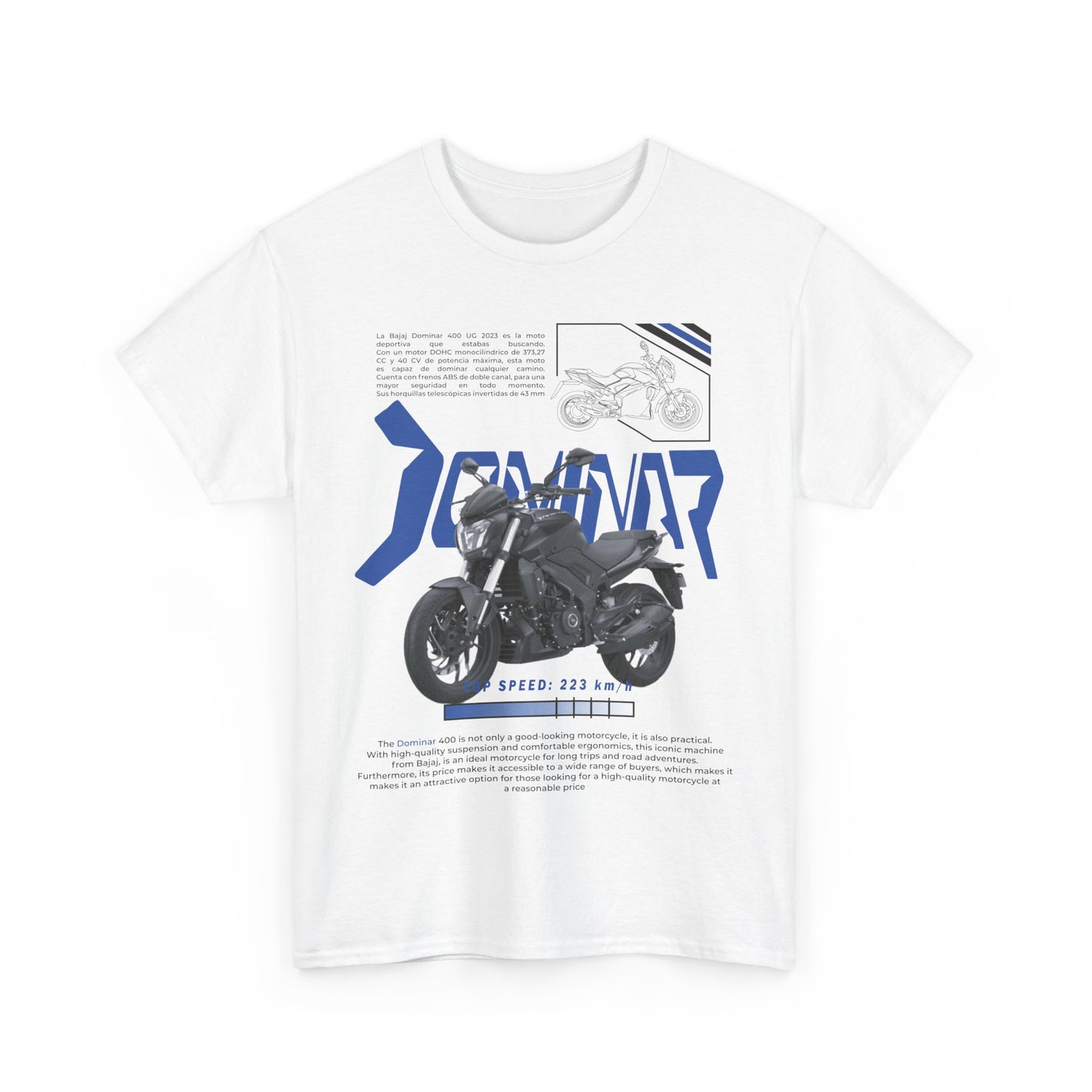 Chic white men's t-shirt decorated with a striking Dominar motorcycle graphic, perfect for discerning riders and fashion aficionados.