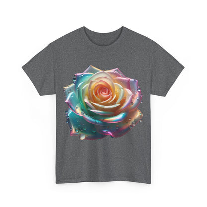 Ethereal Rose Unisex Cotton Tee - Artistic Floral Design with Iridescent Accents, featuring a vibrant close-up of a stylised rose with shimmering water droplets.