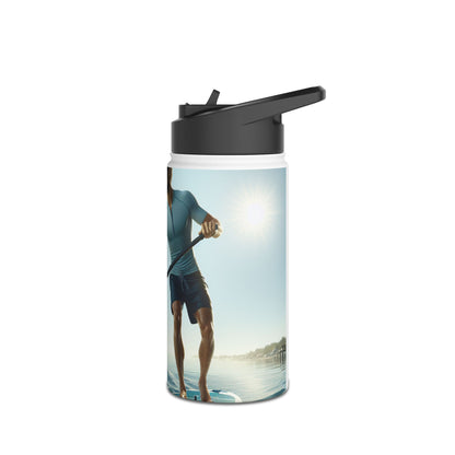 Fantasy Paddleboarding Stainless Steel Water Bottle presented with a dynamic image of a paddleboarder under the sun, exemplifying style and luxury on the water.