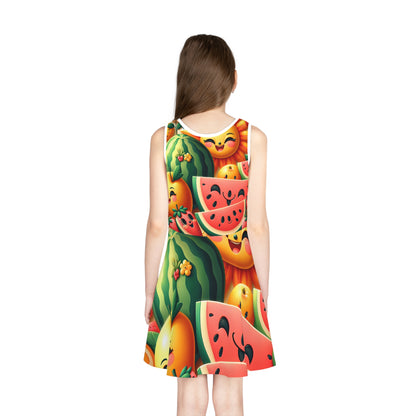 Isabella Pristine Girls Sundress featuring a vibrant cartoon fruit print by Dazzling Dreams Studio - perfect for summer elegance and playful charm.