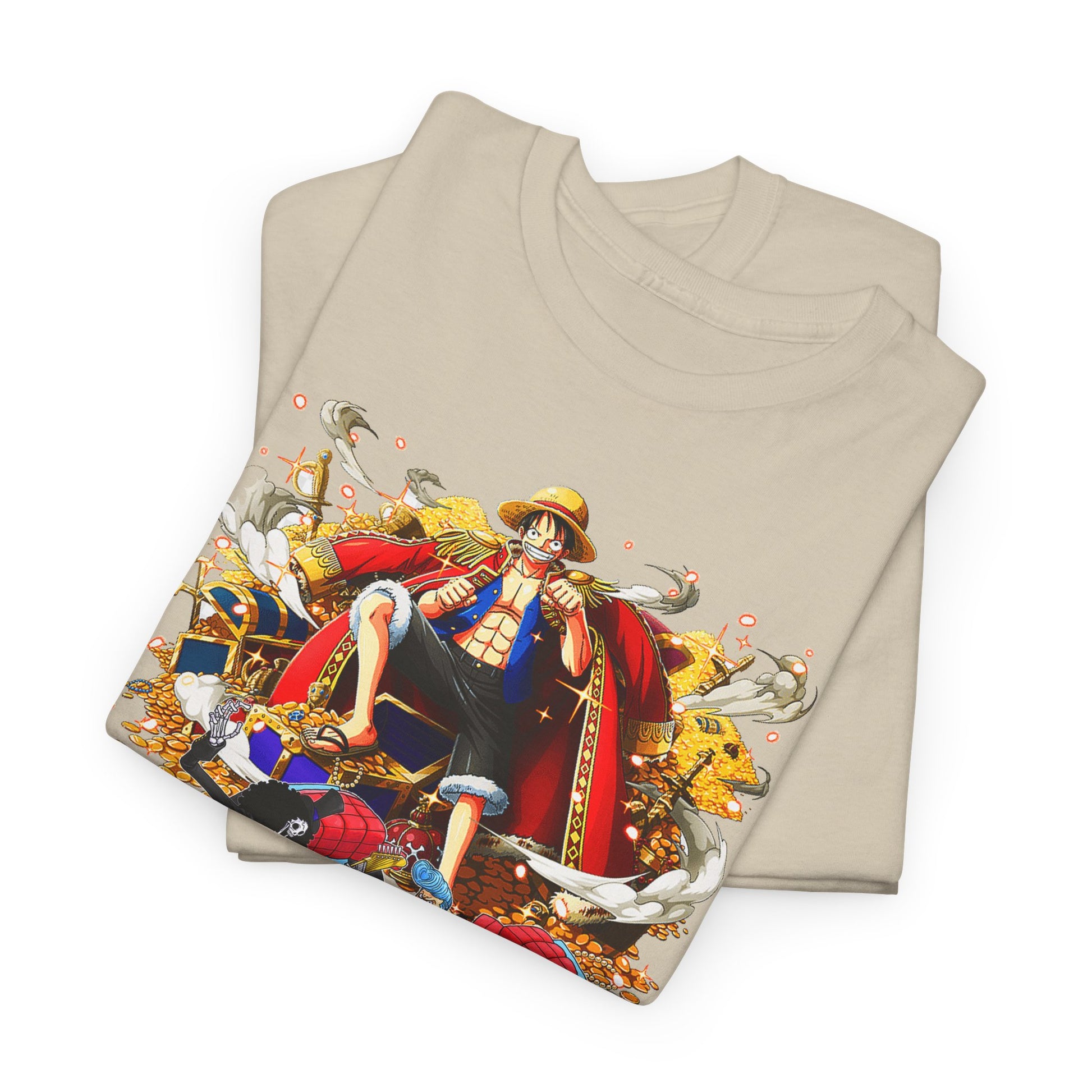Luxurious beige t-shirt featuring a vibrant graphic design of iconic anime characters surrounded by treasure, perfect for fashion-forward anime enthusiasts.