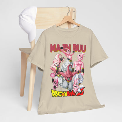 Sophisticated display of a Dragon Ball Z Majin Buu T-shirt on a wooden chair with a white cap, showcasing its unique anime design.
