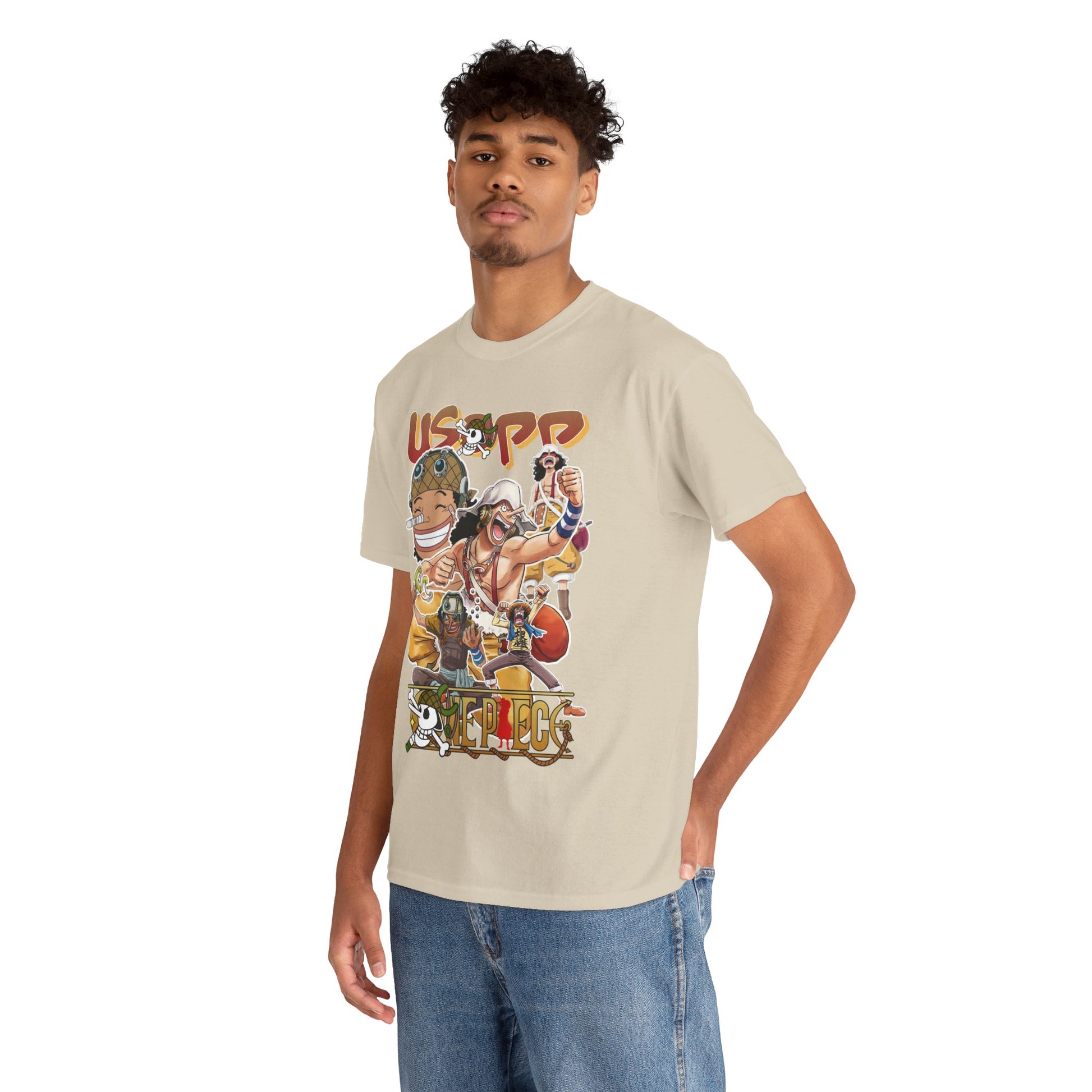 Fashionable model wearing a vibrant Anime Manga T-shirt with a dynamic collage of beloved characters, perfect for trendsetters.