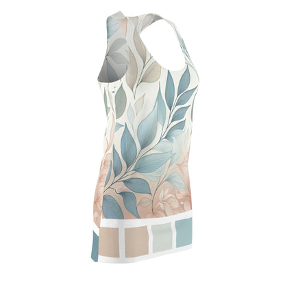 Close-up of the Valentina Belleveau Racerback Dress with Pastel Leaf Pattern, detailing the delicate pastel colours and captivating leaf motif, making a stylish statement.