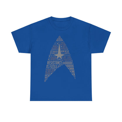 Star Trek Federation Logo Art Graphic Unisex T-Shirt in vibrant blue, showcasing the legendary Star Trek quotes in a chic design, ideal for upscale fashion enthusiasts.