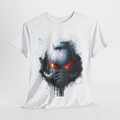 Luxurious unisex graphic t-shirt featuring a striking close-up of a futuristic helmet design with glowing red eyes, artistically styled with splatter effects. Perfect for urban street wear enthusiasts.
