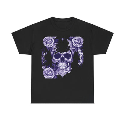 Skulls and Roses Cotton Tee - Unisex graphic shirt showcasing a gothic skull design surrounded by roses on a black background, epitomising edgy style.