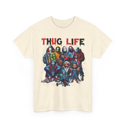 Thug Life Horror Collective Graphic T-Shirt in speckled beige, featuring a striking illustration of notorious horror figures blending streetwear influence with horror culture.