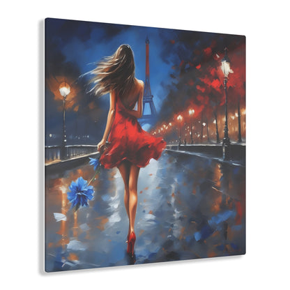 Captivating Enchantment: City Stroll Acrylic Print featuring a woman in a flowing red dress walking along a wet city street in Paris, with the Eiffel Tower in the background illuminated by orange street lights.