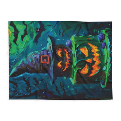 Elegant Decorative and Warm Halloween Spooky Arctic Fleece Blanket featuring a whimsical design of a witch's hat and jack-o'-lanterns, perfect for adding a festive touch to your home this Halloween.