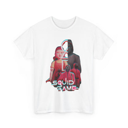 Premium unisex tee with a captivating Squid Game graphic, set against a clean white background, ideal for making a distinguished fashion statement.