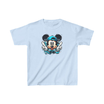 Childs Mickey Mouse Graffiti Unisex Graphic Tee Shirt in light blue presenting an artistic graffiti illustration of Mickey Mouse, wearing a teal cap and headphones.