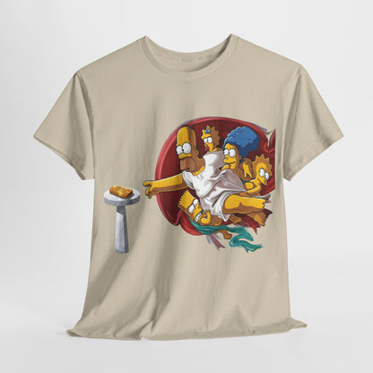 The Simpsons Creation of Adam Graphic T-Shirt Urban Unisex Cotton Tee in beige, featuring Homer Simpson and family in a comical reinterpretation of Michelangelo's masterpiece.