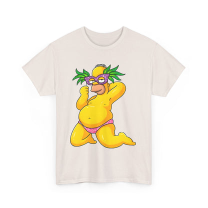 Homer Simpson Unisex Cotton Tee - Graphic T-Shirt featuring a vibrant caricature of Homer wearing playful accessories, exuding charm and whimsy against a soft cream backdrop.