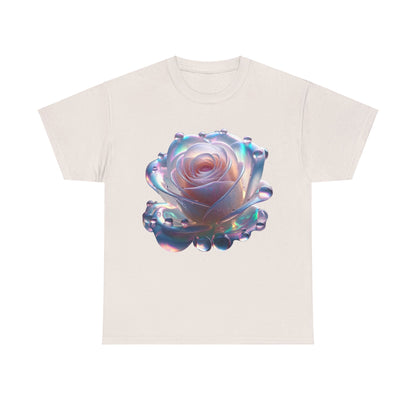 Ethereal Rose Tee Unisex Cotton Graphic T-Shirt in ivory featuring an exquisite close-up design of a stylized rose with iridescent water droplets.
