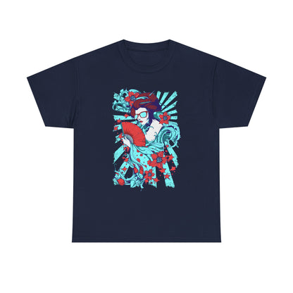 Luxurious navy Men's T-Shirt adorned with a bold geisha pop art illustration, combining dynamic turquoise and red shades against a rich backdrop, embodying artistic innovation and cultural sophistication.