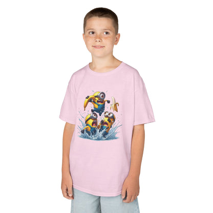 A young boy wearing a pink Minions T-Shirt, featuring cheerful Minion designs that express fun and playfulness. This funny t-shirt is perfect for kids wanting to show off their love for the Despicable Me movies.