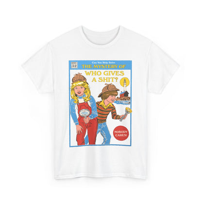 Chic, unisex white tee adorned with a whimsical illustration of young detectives investigating mysteries, titled 'The Mystery of Who Gives a Shit?'