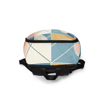 Pastel Abstract Geometric Backpack by Dazzling Dreams Studio featuring a modern design with soft pastel colours and striking geometric patterns, perfect for adding a touch of elegance to any outfit.