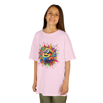 Charming young girl wearing a Kids Minion Paint Splash T-Shirt in pink, featuring a playful Minion design surrounded by colourful paint splatter.